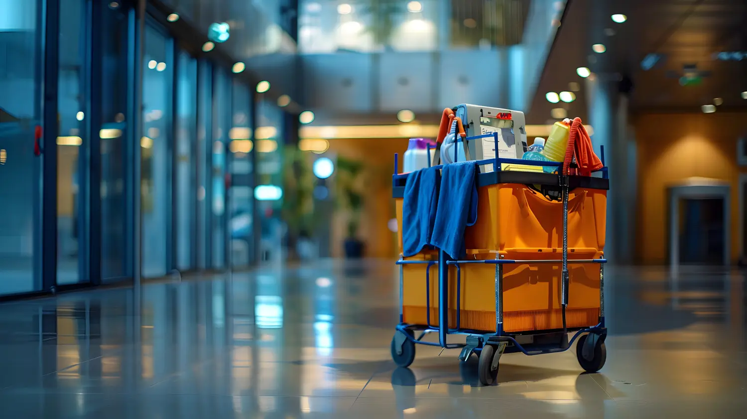 A hotel cleaning cart with supplies and equipment in an office building lobby